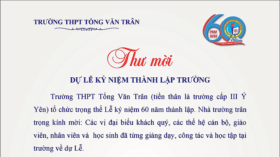 Thư mời dự Lễ kỷ niệm 60 năm thành lập trường THPT Tống Văn Trân