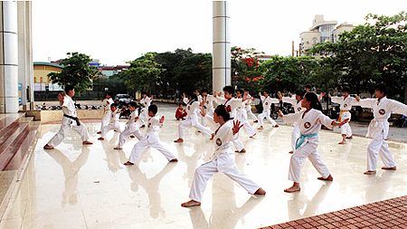 Lớp học karatedo tại Trung tâm VH-TT thanh, thiếu niên tỉnh cuối tháng 5-2014. 