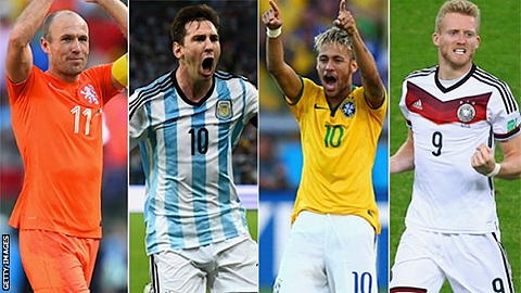  Các ngôi sao (từ trái sang) : A. Robben (Hà Lan), L. Messi (Argentina), Neymar (Brazil), A. Schurrle (Đức). 