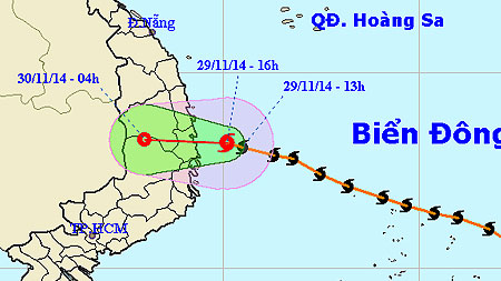 Vị trí và đường đi của cơn bão. Ảnh: TTDBKTTVTW
