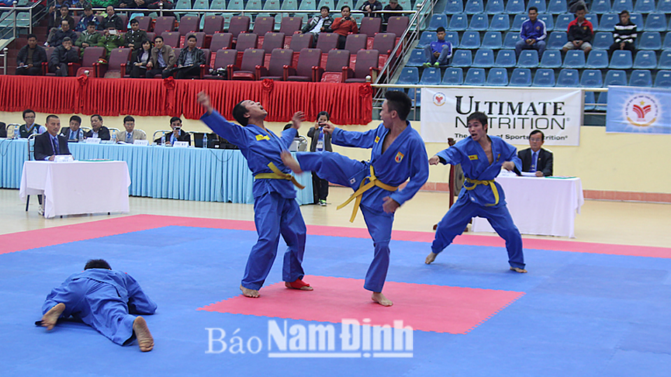 Các VĐV đoàn Nam Định biểu diễn môn Vovinam, nội dung tứ đấu tay không nam.  Ảnh: Văn Huỳnh