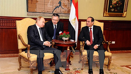 Tổng thống Ai Cập Abdel-Fattah el-Sisi (phải) trong cuộc gặp với Tổng thống Nga Vladimir Putin tại Cairo. (Nguồn: TTXVN)