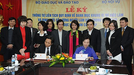 Thứ trưởng Bộ Nội vụ Trần Anh Tuấn và Thứ trưởng Bộ GD&ĐT Nguyễn Thị Nghĩa ký Thông tư liên tịch.