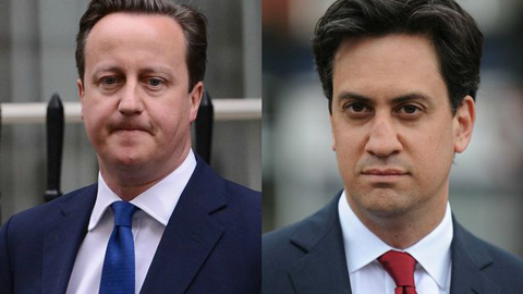 Thủ tướng Đa-vít Ca-mơ-rôn và Thủ lĩnh Ét Mai-li-banh của Công đảng.  Ảnh: Internet