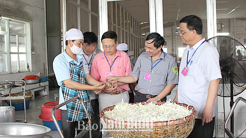 Đoàn thanh tra, kiểm tra liên ngành VSATTP tỉnh kiểm tra thực phẩm tại bếp ăn tập thể Cty CP May Sông Hồng, đóng trên địa bàn huyện Hải Hậu.