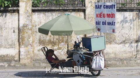 Vì mưu sinh, người bán hàng này vẫn phải dầm mình dưới cái nắng gắt (ảnh chụp trên đường Trần Phú)