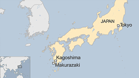 Tâm chấn động đất gần thị trấn Makurazaki. 