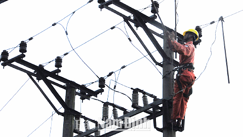 Cty Điện lực Nam Định đầu tư lắp đặt thêm hệ thống truyền tải cung ứng điện cho sản xuất, sinh hoạt của nhân dân các xã khu vực phía bắc huyện Ý Yên. Ảnh: Xuân Thu