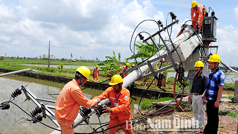 Điện lực Trực Ninh khắc phục sự cố lưới điện nông thôn do bão số 1 gây ra tại xã Trung Đông. Ảnh: Xuân Thu