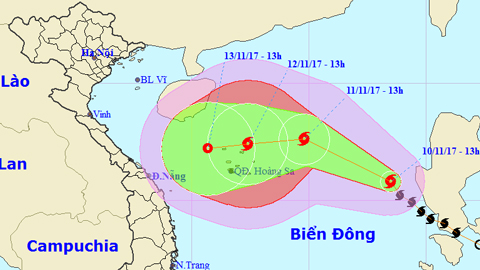 Vị trí và hướng di chuyển của cơn bão số 13. Ảnh: TTKTTVTW