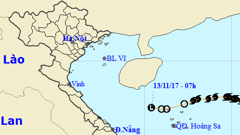 Vị trí và hướng di chuyển của cơn bão số 13. Ảnh: TTKTTVTW