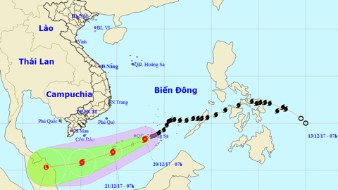 Vị trí và hướng di chuyển của cơn bão số 15. Ảnh: TTKTTVTW
