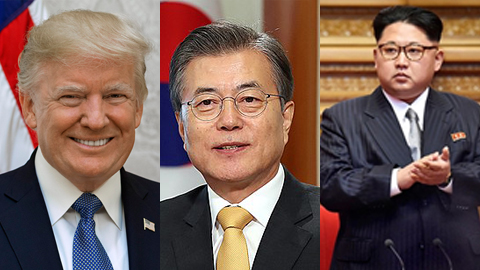 Tổng thống Mỹ Đô-nan Trăm, Tổng thống Hàn Quốc Mun Chê-in và nhà lãnh đạo Triều Tiên Kim Dâng-un (từ trái sang). Ảnh: Kyodo/TTXVN