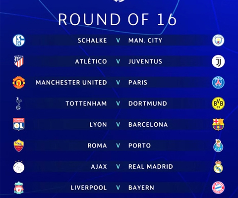 Kết quả bốc thăm vòng 1/8 UEFA Champions League 2018-2019.