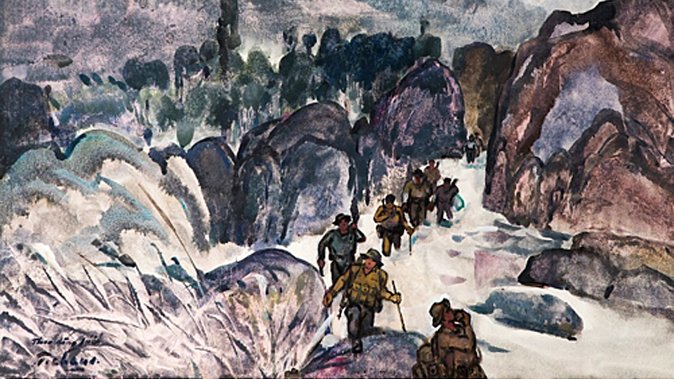 Đường Trường Sơn theo dòng suối, 1995 - Thuốc nước trên giấy, 64x80cm - họa sĩ Nguyễn Thanh Châu.