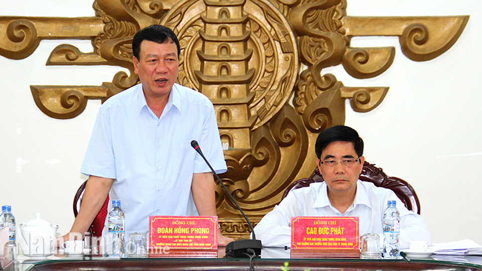 Đồng chí Đoàn Hồng Phong, Ủy viên Ban Chấp hành Trung ương Đảng, Bí thư Tỉnh ủy, Trưởng đoàn Đoàn đại biểu Quốc hội của tỉnh phát biểu tại buổi làm việc.