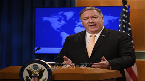 Ngoại trưởng Mỹ Mike Pompeo tại cuộc họp báo ở Washington D.C, Mỹ. Ảnh: THX/TTXVN