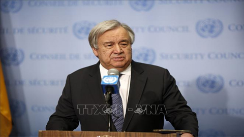 Tổng thư ký LHQ Antonio Guterres phát biểu tại cuộc họp báo ở New York, Mỹ. Ảnh: THX/TTXVN