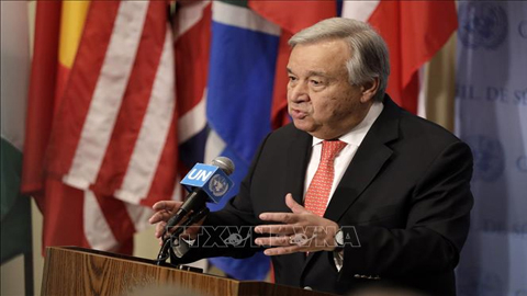 ổng thư ký LHQ Antonio Guterres phát biểu tại cuộc họp báo ở New York, Mỹ ngày 1/8/2019. Ảnh: THX/TTXVN