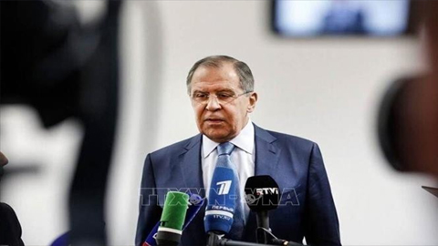 Ngoại trưởng Nga Sergei Lavrov trong cuộc họp báo tại Moskva. Ảnh: IRNA/TTXVN