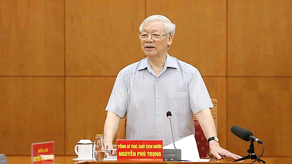 Tổng Bí thư, Chủ tịch nước Nguyễn Phú Trọng, Trưởng Tiểu ban Văn kiện Đại hội XIII của Đảng chủ trì cuộc họp. Ảnh: TTXVN