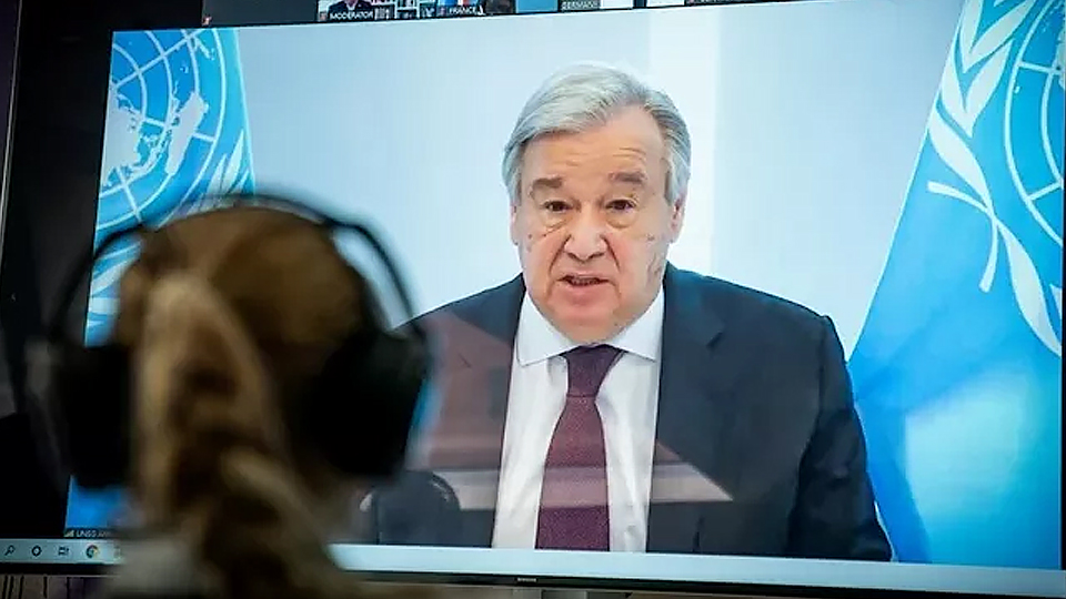 Ông Guterres trong Đối thoại khí hậu Petersberg trực tuyến, diễn ra vào ngày 28-4. (Ảnh: Reuters)