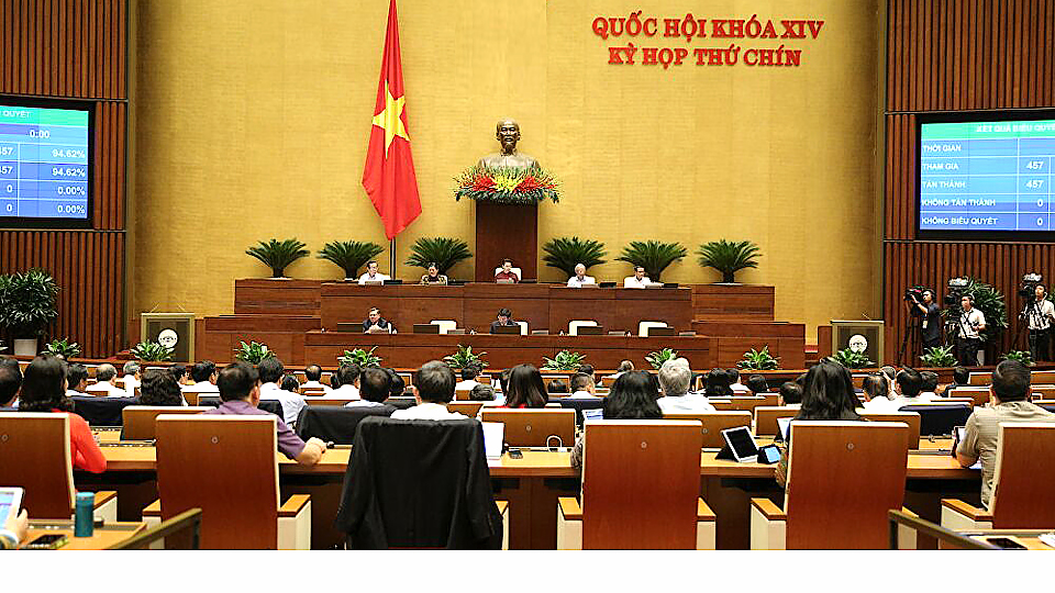 457/457 đại biểu Quốc hội biểu quyết thông qua Nghị quyết phê chuẩn Hiệp định Thương mại Tự do giữa CHXHCN Việt Nam và Liên minh châu Âu (EVFTA). Ảnh: Dương Giang - TTXVN