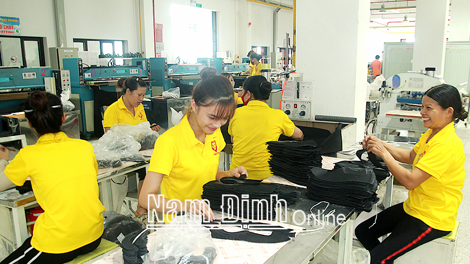 Nữ công nhân lao động tham gia sản xuất, kinh doanh tại Công ty TNHH Viet Power (Hải Hậu).