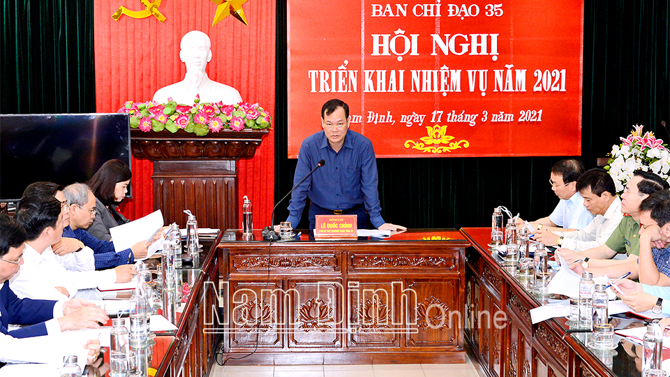 Đồng chí Lê Quốc Chỉnh, Phó Bí thư Thường trực Tỉnh ủy, Chủ tịch HĐND tỉnh, Trưởng Ban Chỉ đạo 35 của tỉnh phát biểu tại hội nghị.