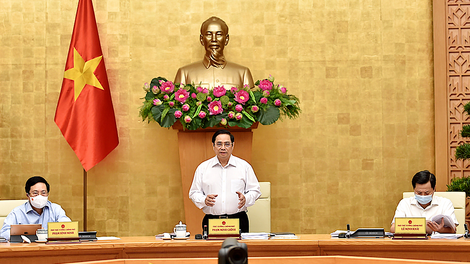 Thủ tướng Phạm Minh Chính chủ trì phiên họp Chính phủ thường kỳ tháng 8 năm 2021. Ảnh: VGP/Nhật Bắc