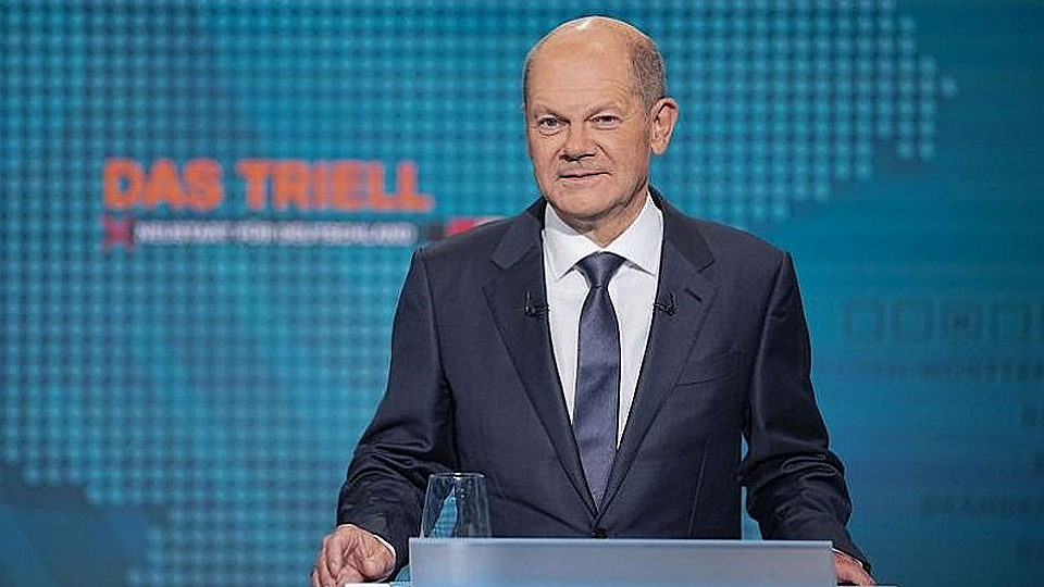 Ứng viên thủ tướng của đảng Dân chủ Xã hội Đức (SPD), Phó Thủ tướng kiêm Bộ trưởng Tài chính Olaf Scholz trong cuộc tranh luận về bầu cử qua truyền hình ở Berlin, ngày 29/8/2021. (Ảnh: Reuters)