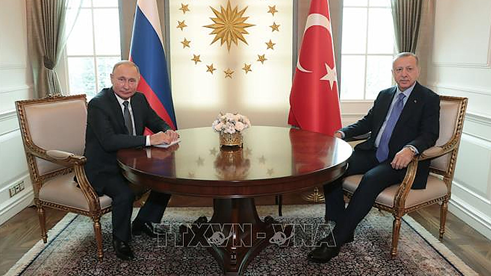 Tổng thống Thổ Nhĩ Kỳ Recep Tayyip Erdogan (phải) trong cuộc hội đàm với Tổng thống Nga Vladimir Putin tại Ankara, Thổ Nhĩ Kỳ. Ảnh tư liệu: AFP/TTXVN.