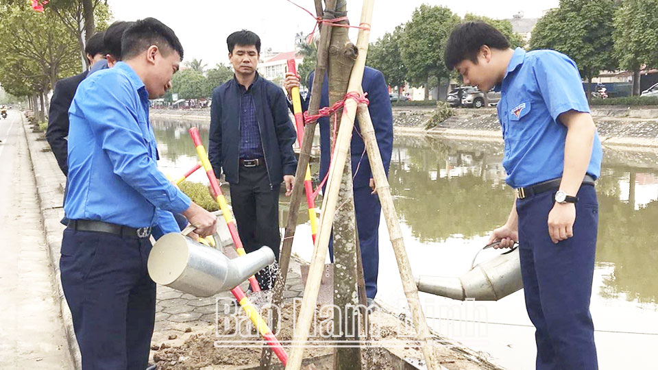 Đoàn viên, thanh niên huyện Hải Hậu trồng cây xanh bảo vệ môi trường.