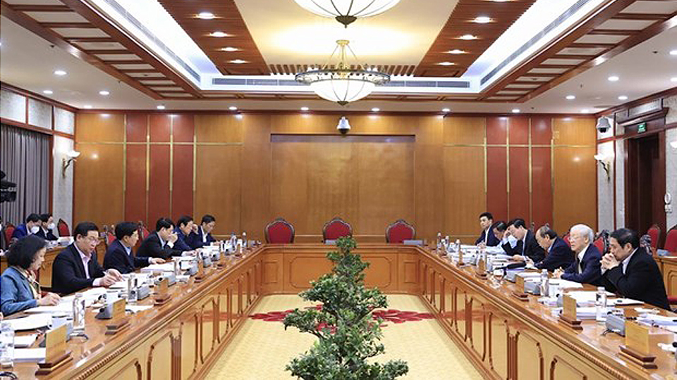  Tổng Bí thư Nguyễn Phú Trọng chủ trì họp Bộ Chính trị ngày 11-3-2022.  Ảnh: Thống Nhất/TTXVN