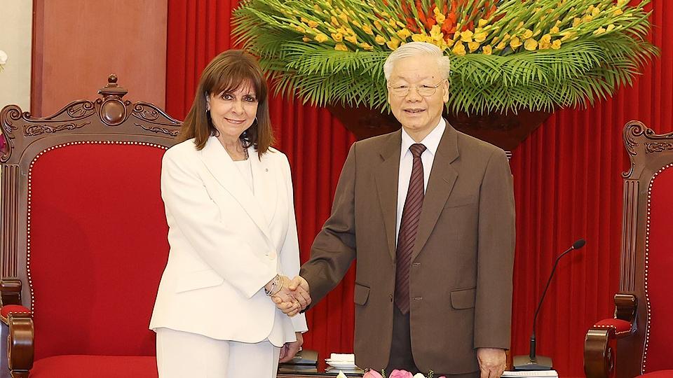 Tổng Bí thư Nguyễn Phú Trọng tiếp Tổng thống Hy Lạp Katerina Sakellaropoulou thăm chính thức Việt Nam.  Ảnh: Trí Dũng - TTXVN