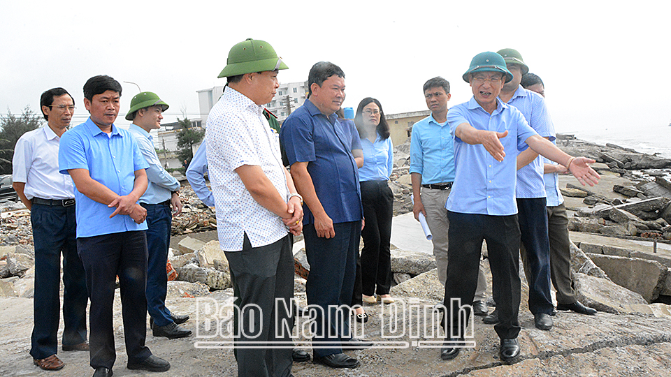 Đồng chí Phạm Đình Nghị, Phó Bí thư Tỉnh ủy, Chủ tịch UBND tỉnh kiểm tra tuyến đê, kè Hải Thịnh thuộc địa bàn thị trấn Thịnh Long (Hải Hậu).