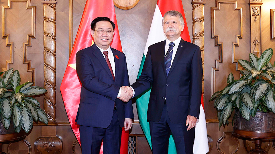 Chủ tịch Quốc hội Vương Đình Huệ và Chủ tịch Quốc hội Hungary László Kovér trước khi hội đàm.  Ảnh: Doãn Tấn - TTXVN