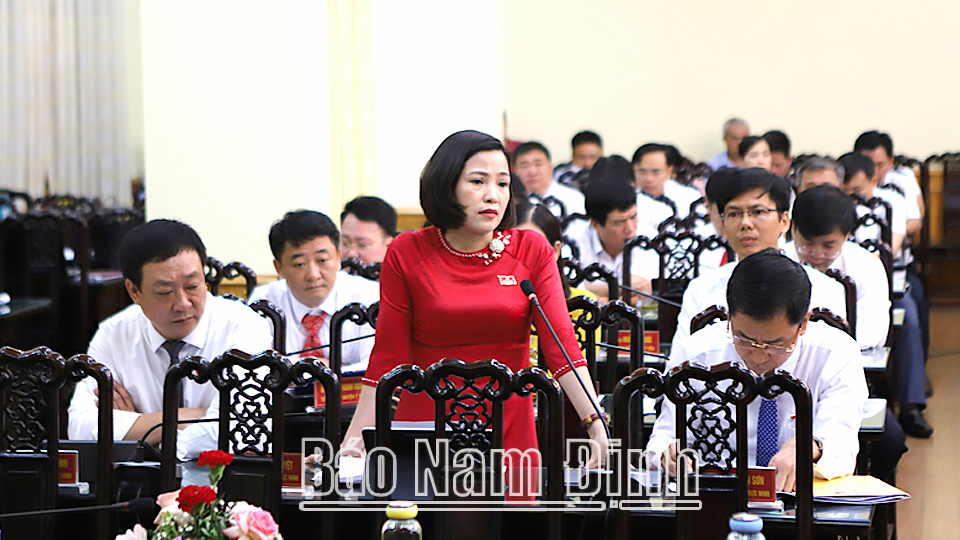 Đại biểu Bùi Thị Minh Nguyệt, tổ đại biểu huyện Trực Ninh chất vấn về lĩnh vực tài nguyên và môi trường.