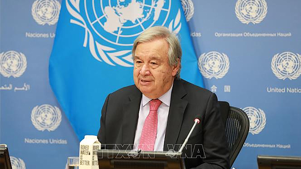 Tổng Thư ký LHQ Antonio Guterres trong cuộc họp báo tại khoá họp 77 Đại hội đồng LHQ ở New York (Mỹ), ngày 14/9/2022. Ảnh: THX/TTXVN