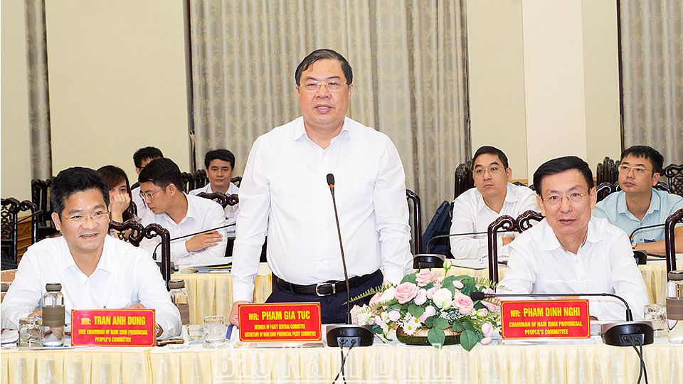 Đồng chí Phạm Gia Túc, Ủy viên BCH Trung ương Đảng, Bí thư Tỉnh ủy phát biểu tại buổi làm việc.